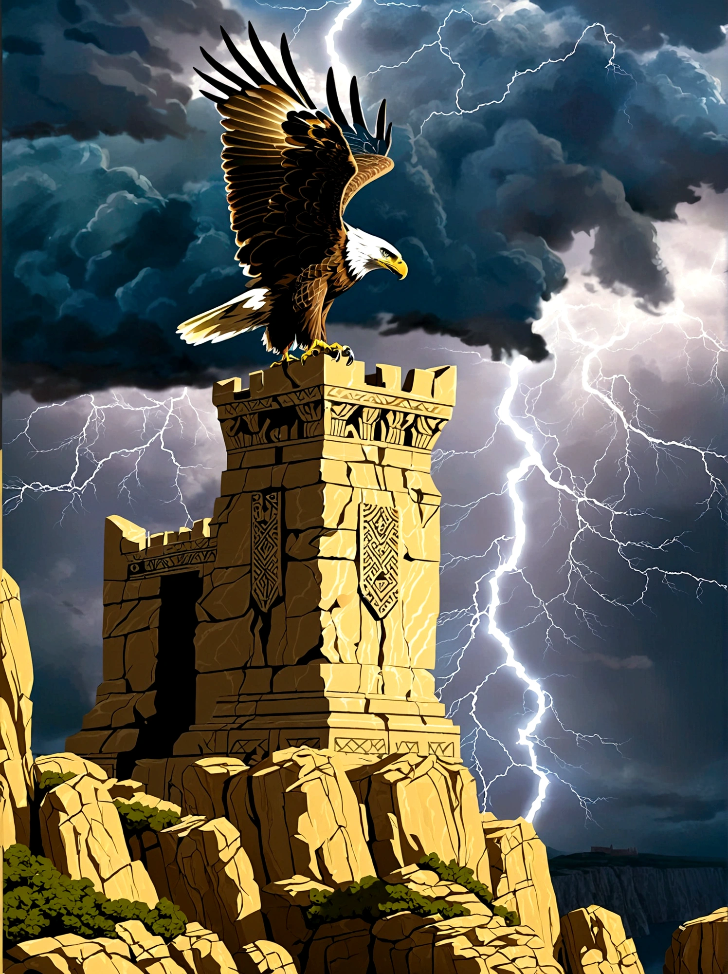 An ancient stone throne of power，Perched atop a towering cliff, The sky behind the throne indicates a coming storm，The wind swept violently over the cliffs，Push the loose rocks aside, An eagle, a symbol of power and majesty, soars above the throne., Lightning on the distant horizon completes the scene, This scene symbolizes strength, Leadership and dominance, Embodying the abstract concept of power