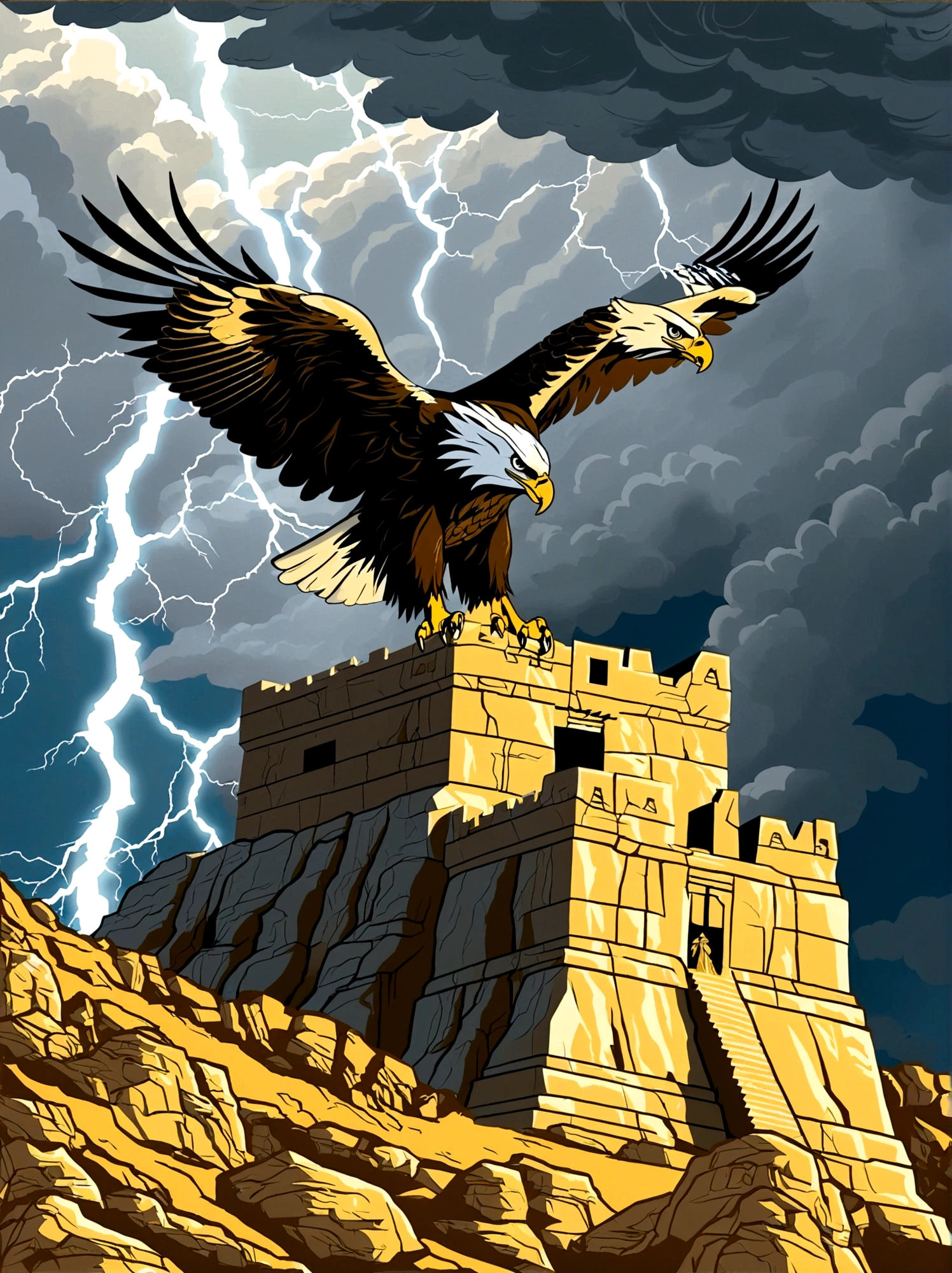 An ancient stone throne of power,Perched atop a towering cliff, The sky behind the throne indicates a coming storm,The wind swept violently over the cliffs,Push the loose rocks aside, An eagle, a symbol of power and majesty, soars above the throne., Lightning on the distant horizon completes the scene, This scene symbolizes strength, Leadership and dominance, Embodying the abstract concept of power