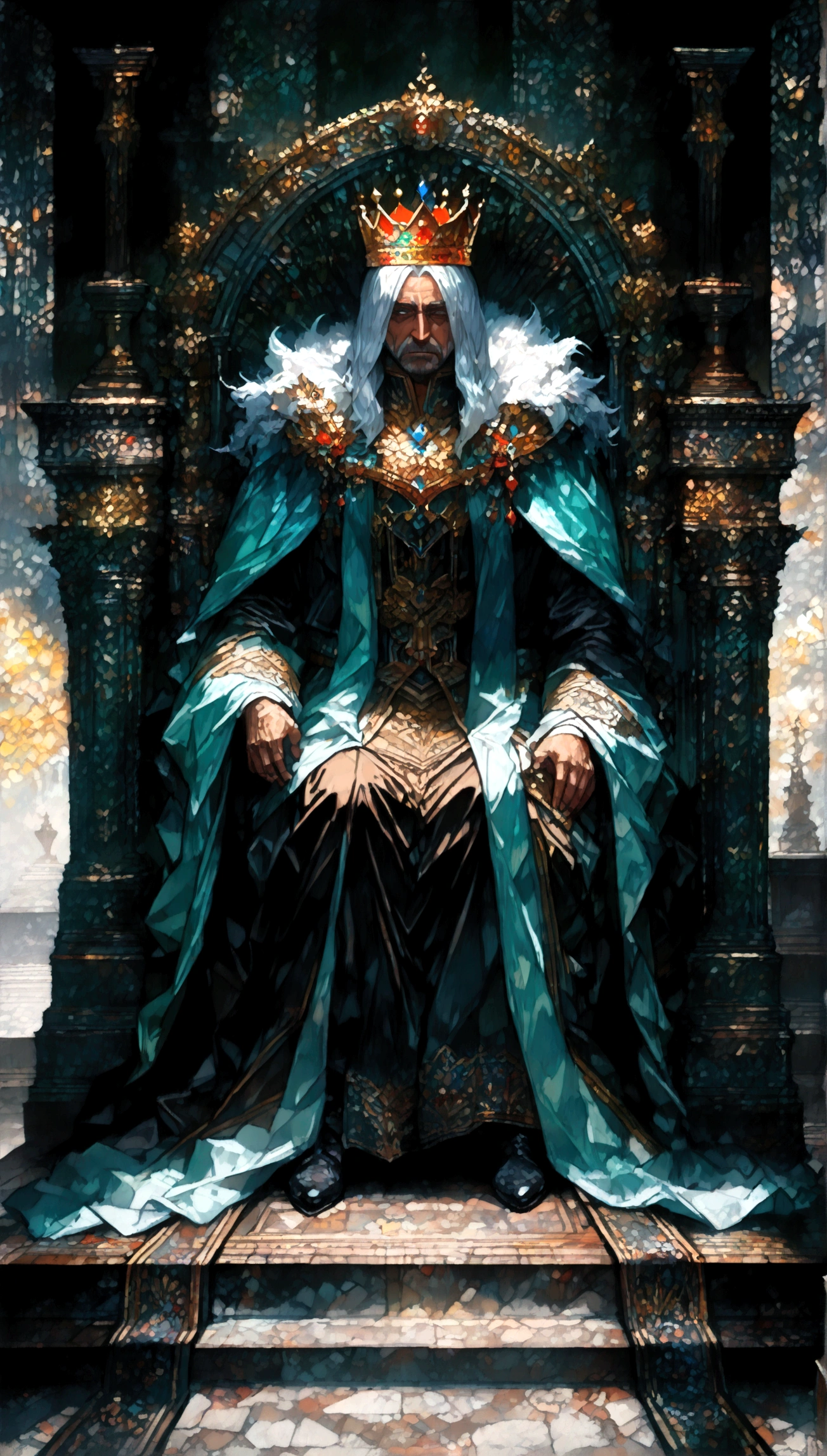 Throne room scenery,oil painting style,king sitting on the throne,Subjects prostrating,Subject's clothing details,There is a distance between the king's throne and his subjects.,BREAK,(The king is a middle-aged man,A king with absolute power who looks down on his subjects,deep in thought,dark circles under the eyes,He wears clothes and a cloak befitting a king.,the king wears a crown,He is a king with a cruel personality.,anatomically correct),BREAK,A painting depicting an era in history,paint with oil paint,structurally correct,create an artistic background,decadent,dark fantasy,awe,feeling of pressure,(masterpiece:1.3),(highest quality:1.4),(ultra detailed:1.5),High resolution,extremely detailed,unity 8k wallpaper