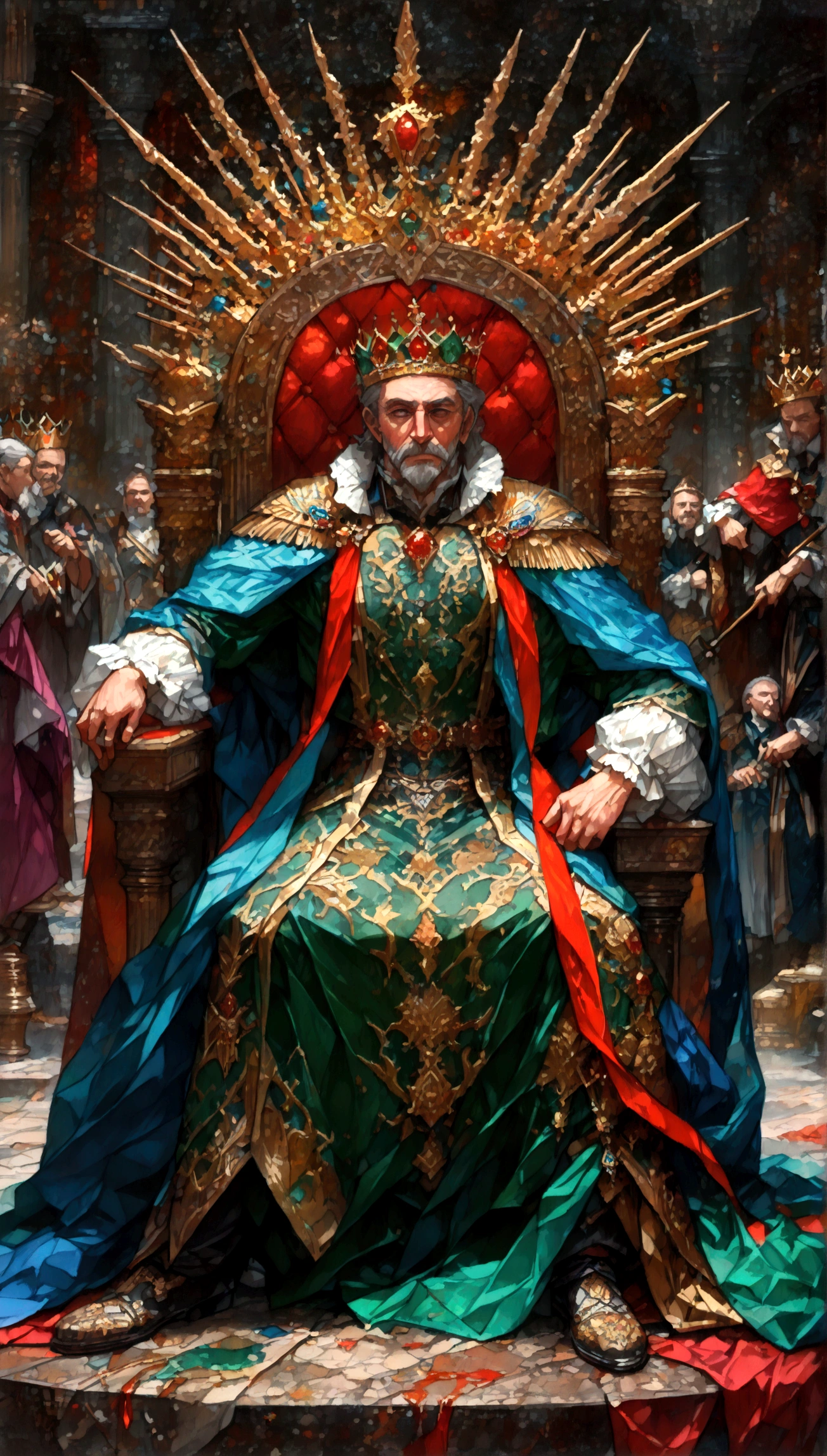 Throne room scenery,oil painting style,king sitting on the throne,Subjects prostrating,Subject's clothing details,There is a distance between the king's throne and his subjects.,BREAK,(The king is a middle-aged man,A king with absolute power who looks down on his subjects,deep in thought,dark circles under the eyes,He wears clothes and a cloak befitting a king.,the king wears a crown,He is a king with a cruel personality.,anatomically correct),BREAK,A painting depicting an era in history,paint with oil paint,structurally correct,create an artistic background,decadent,dark fantasy,awe,feeling of pressure,(masterpiece:1.3),(highest quality:1.4),(ultra detailed:1.5),High resolution,extremely detailed,unity 8k wallpaper