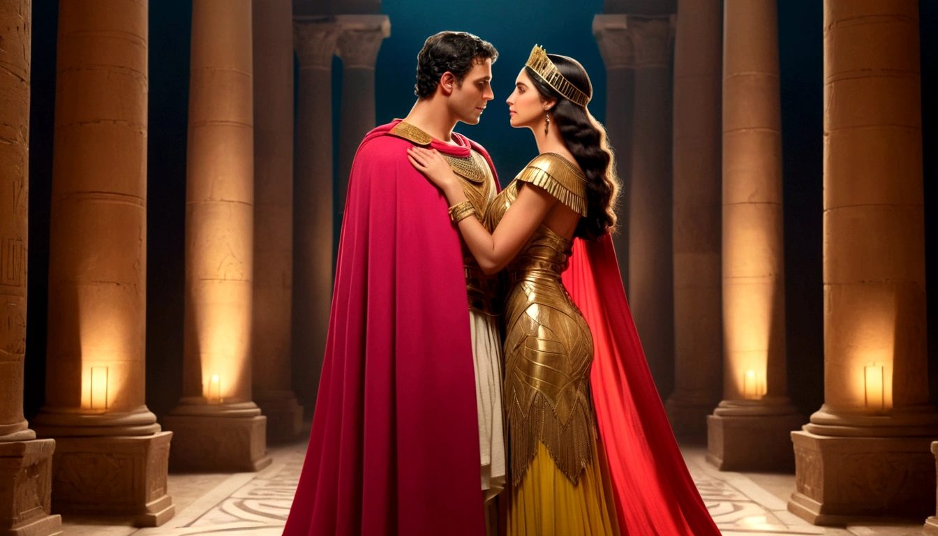 The thumbnail features a romantic, historical scene with two prominent figures, a woman and a man, in a moment of deep emotional connection. The woman is dressed extravagantly in a golden dress and elaborate accessories, like an Egyptian diadem, indicating their position of power and royalty. Her hair is styled in a sophisticated style that complements her regal appearance.. The man next to her is dressed in a red Roman tunic and a cape., symbolizing his role as a military leader or authority figure in Ancient Rome. They are in an intimate posture, with their foreheads almost touching, suggesting a moment of passion and vulnerability. The environment in the background has grand columns, reminiscent of a scene from an ancient palace or temple, adding a touch of majesty and history to the image. Bright red hearts float around the couple, accentuating the central theme of love and romance. As palavras "history of love" are in large, vibrant letters at the bottom of the image. As palavras "history" are in hot pink, mens "of love" It&#39;s in bright yellow, standing out against the dark background and drawing the viewer&#39;s attention to the passionate theme of the content. This image evokes a sense of epic romance, interweaving story elements, power and passion, promising an engaging narrative about a legendary and emotional relationship.
