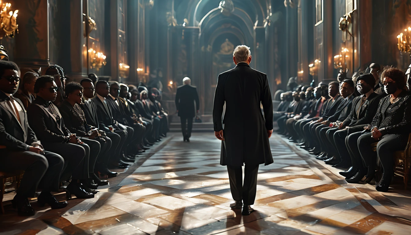 Back view of a middle-aged gentleman in a black men's suit walking towards the throne, 4k masterpiece, best quality, (highly detailed CG unity 8k wallpaper), (best quality), (best illustration), (best shadows), absurd realistic lighting, (abyss), beautiful glow, art by peter mohr bacher,