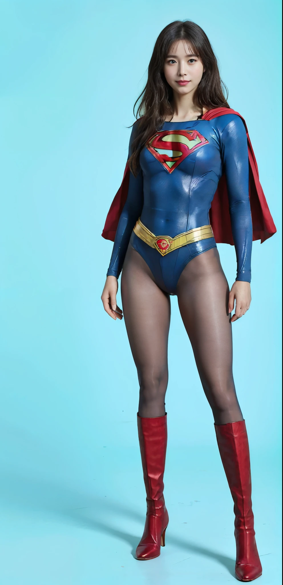 No background、(((Beautiful legs in black tights.)))、(((Legally express the beauty of your smile)))、((((Make the most of your original images)))、(((Supergirl Costume)))、(((Beautiful very short hair)))、(((suffering)))、(((Please wear black tights....、Wear red boots)))、((Best image quality、8K))、((Highest quality、8K、masterpiece:1.3))、(((Preserve background )))、Sharp focus:1.2、Beautiful woman with perfect figure:1.4、Slim Abs:1.2、Wet body:1.5、Highly detailed face and skin texture、8K