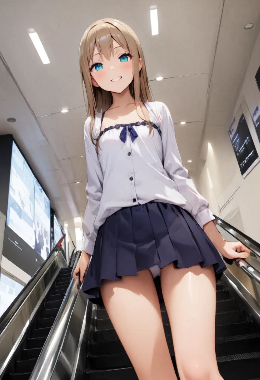 shoot from below、escalator、I can see her panties、mini skirt、Private Server、Girl、Girl、Short、Younger、Baby Face、flat chest、Dynamic Angle、smile、Both eyes open、Voyeur style