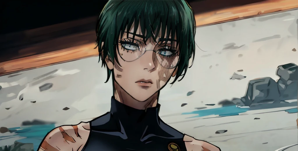 (masterpiece:1.2, best quality:1.2, beautiful, high quality, highres:1.1), detailed, extremely detailed 4K, perfect eyes, perfect face, perfect lighting, (1girl, solo, adult female, mature female), thin, lithe body, scar on body, Maki Zenin LoRA, Maki Zenin, green hair, glasses, (big breasts), ((sensual seductive))