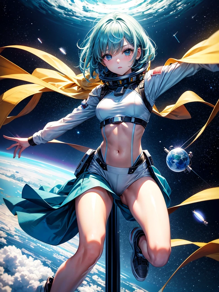 Highest quality,Highest Resolution,A beautiful android girl flying in space,Earth in the background,Equipped with cutting-edge technology,