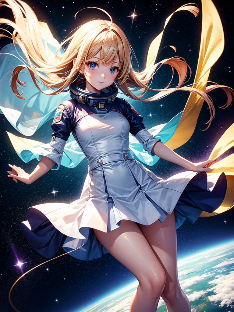 Highest quality,Highest Resolution,A beautiful android girl flying in space,Earth in the background,Get on the machine,