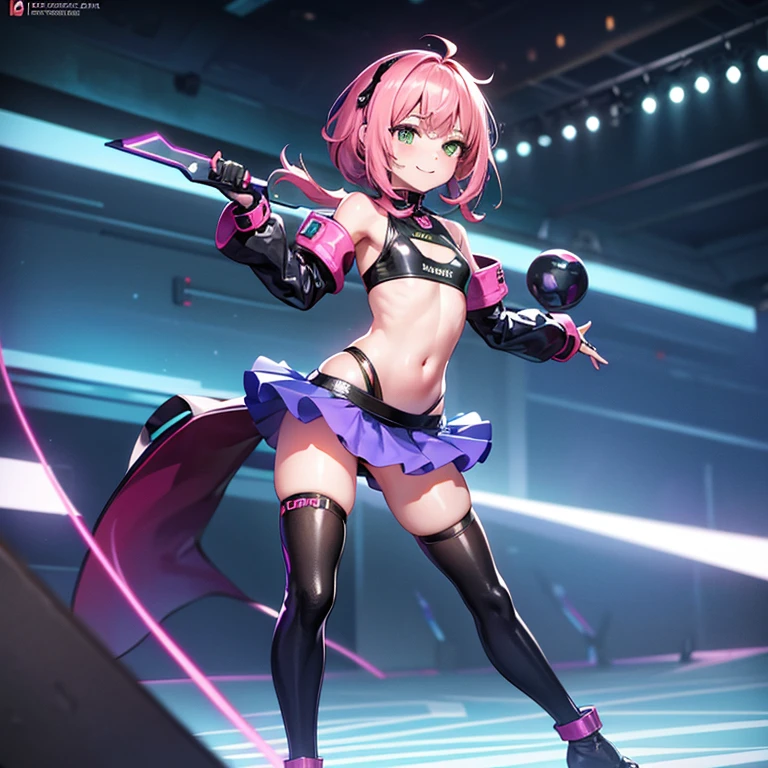 (masterpiece), (best quality), (high res) Solo, (perfect anatomy young girl (), fair skin, pink hair (shoulder length), green eyes, (skin tight idol outfit), (blue high heels boots), (shirt), (super tight mini skirt), smiling, flat chest in a futuristic stage setting with a green light, cyberpunk, cyber suit, best anime 4k, cybersuits, singing to a big crowd of people