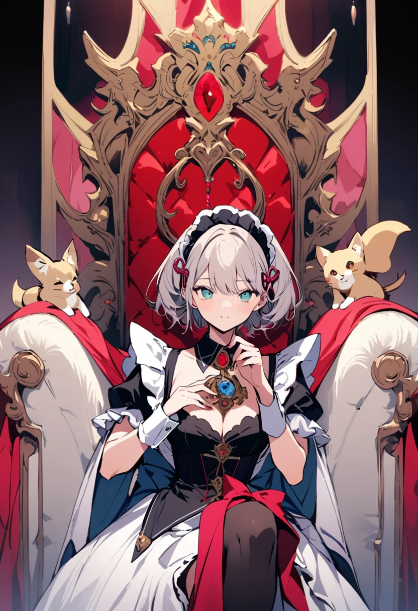 masterpiece, Highest quality, Illustration of the novel, High resolution, 18+ Adult content, Sensual, Intimate, Emotional, Passionate, romantic, sweet, Adorable, Innocent, Pure, Charmな, Charmな, Charm, mysterious, Charmな, Charmな, Immersive, Charmな, dream-like, Surreal, Imaginative, Whimsical, Artistic, Avant-garde, timeless, elegant, Sophisticated, chic, Sophisticated, personality, original, Charmな,((Maid clothes:1.3)),((Throne of Power,Throne of Power:1.3))((Upper Body:1.3))