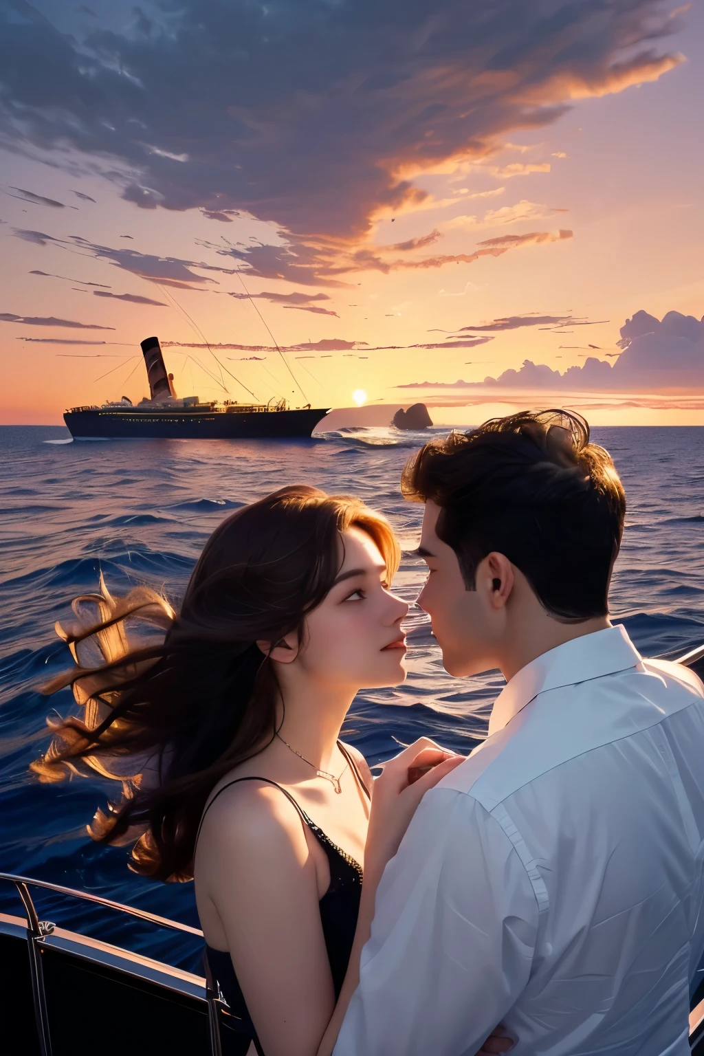 8K, masterpiece, arafed image of a couple on a boat at sunset, titanic, At sea, rotoscoped, Carl Eugen Kiel(Carl Eugen Keel)Works inspired by, at sunset, Thrilling and romantic, movie stills, by Susan Heidi, By Thomas Dalziel, Inspired by Hans Price, cinematics, at dusk!, at sunrise, on the bow, (Highly detailed facial expressions),