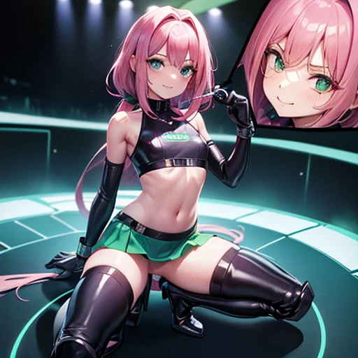 (masterpiece), (best quality), (high res) Solo, (perfect anatomy young girl (), fair skin, pink hair (shoulder length), green eyes, (skin tight idol outfit), (blue high heels boots), (shirt), (super tight mini skirt), smiling, flat chest in a futuristic stage setting with a green light, cyberpunk, cyber suit, best anime 4k, cybersuits, singing to a big crowd of people