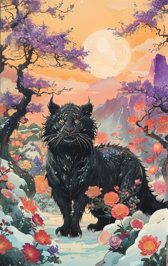 A white dragon lies in the middle of an endless field full of purple flowers, surrounded by snow-capped mountains and a blue sky sparkling with golden sunset rays. The whole scene is filled with a dreamy atmosphere, with vibrant colors and detailed background elements rendered in high resolution and detailed in a top quality illustration style. A girl with black hair and white eyes, dressed in dark , stands next to an anthropomorphic tiger, both looking at the camera. The background is adorned with intricate patterns of flowers and leaves., with a black color scheme, taken from a low angle shot, with high resolution and high detail, a masterpiece