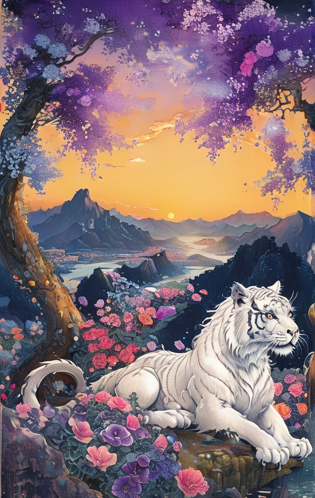 A white dragon lies in the middle of an endless field full of purple flowers, surrounded by snow-capped mountains and a blue sky sparkling with golden sunset rays. The whole scene is filled with a dreamy atmosphere, with vibrant colors and detailed background elements rendered in high resolution and detailed in a top quality illustration style. A girl with black hair and white eyes, dressed in dark , stands next to an anthropomorphic tiger, both looking at the camera. The background is adorned with intricate patterns of flowers and leaves., with a black color scheme, taken from a low angle shot, with high resolution and high detail, a masterpiece