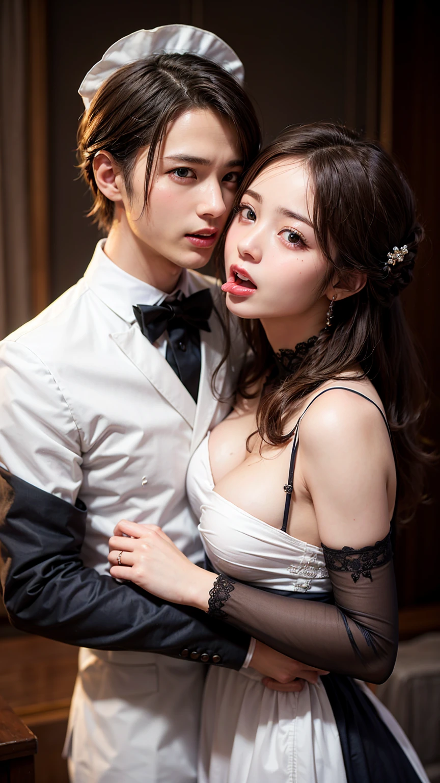 8K quality、High resolution、A maid and her master in love、Realistic skin texture、Love male genitalia、High resolutionの肌、A woman licking a man&#39;s genitals with her tongue、Princess Hair、thin、Small and young breasts、Open the mouth to reveal a realistic tongue、Beautiful cleavage、Gray Hair、blue eyes、thin脚、French Braid、、Full Body Shot、Wetting、Tearing clothes、