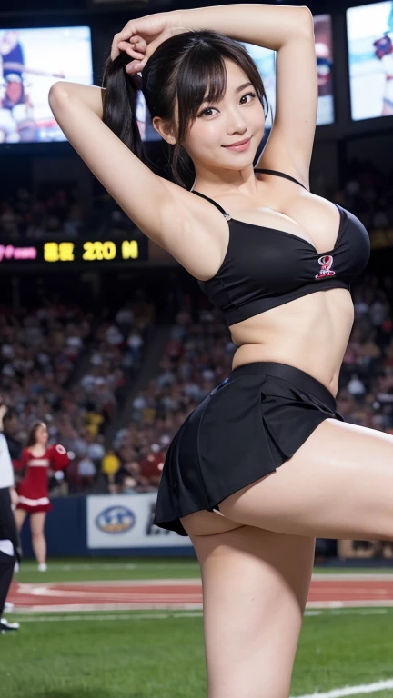 ((Highest quality)), ((masterpiece)), (detailed), Ground、sunny、One girl, sexy,cheerleader,((huge breasts:1.2)),beautiful girl、Cheerleader、Cheerleader、Short skirt、Black Hair、ponytail、Close your mouth、smile、Big eyes、Big ass、Lift one leg up、(leg up(,