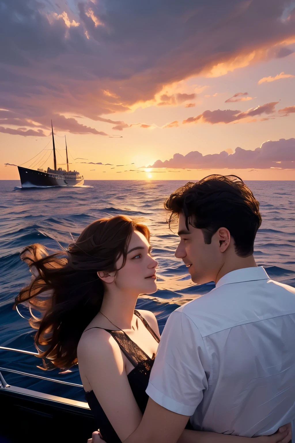 8K, masterpiece, arafed image of a couple on a boat at sunset, titanic, At sea, rotoscoped, Carl Eugen Kiel(Carl Eugen Keel)Works inspired by, at sunset, Thrilling and romantic, movie stills, by Susan Heidi, By Thomas Dalziel, Inspired by Hans Price, cinematics, at dusk!, at sunrise, on the bow, (Highly detailed facial expressions),