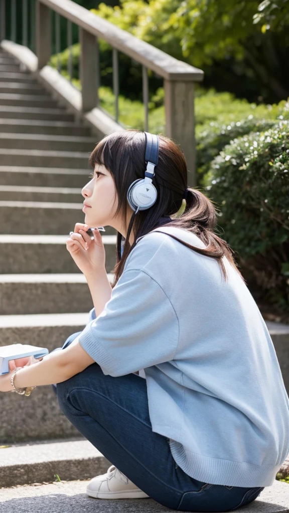 A Japanese girl in her 20s sitting on the stairs in the park listening to music with earphones, looking at the camera with a sad face, profile