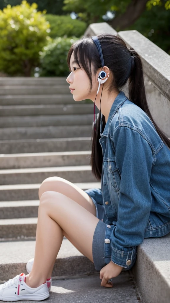 A Japanese girl in her 20s sitting on the stairs in the park listening to music with earphones, looking at the camera with a sad face, profile