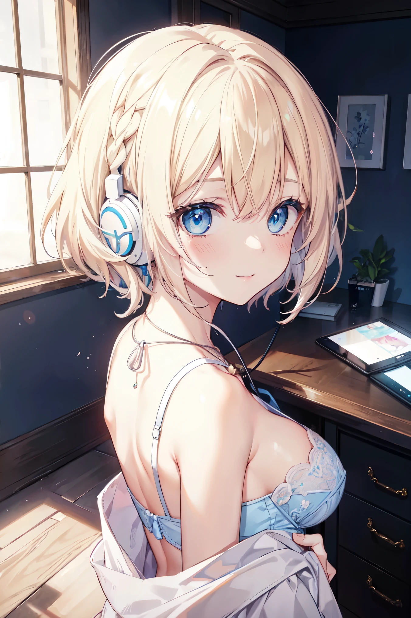 Absurd, (solo:1.5,)Ultra-detailed,Bright colors, Very beautiful and detailed anime faces and eyes, View from the front, ;D, Shiny_skin,Age 25, short hair, , Asymmetrical bangs, Blonde hair in short pigtails, Shiny髪, Delicate beautiful face, blush、(Deep blue eyes:1.4)、Smile、Small Necklace、hair with delicate and complex lines, Fleeting Colors, 2020 Kantoku-style painting, Tessellation, Large Breasts, Cleavage, (View your viewers), (look back), Headphones, Wireless Headphones, Wide Shot, From behind, lingerie, White bra, White panties, indoor