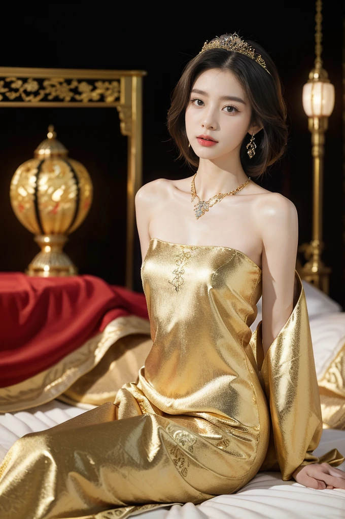 (((best quality))),(((ultra detailed))),(((masterpiece))),illustration,1 girl,solo,slim,thin,shoulder length straight bob hair,earrings,necklace,small breasts,flat chest,slender legs,high heels,Asian appearance,princess,royal,Chinese palace,night scene,magnificent dragon gown,golden crown,intricate embroidery,luxurious fabric,precious stones,(sitting on the metallic bed:1.3),(arms behind back:1.3),decorative patterns,rich decorations,luxurious furnishings,regal charm,beautiful face,gentle smile,bright eyes,historical,traditional,city lights,modernity,frozen moment,beauty of the past,evolution of time,(from front:1.3),(upper body:1.2)