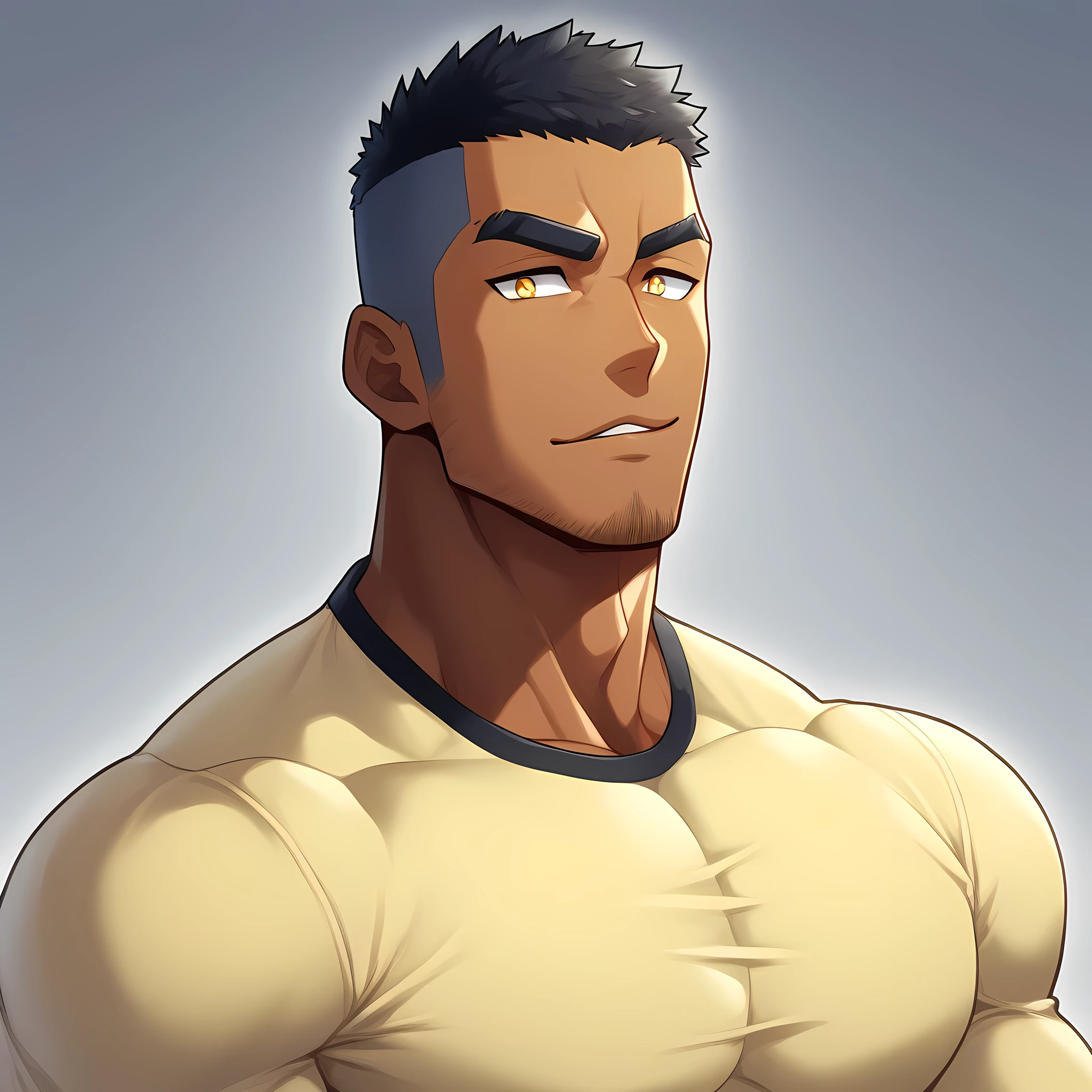 anime characters：Gyee, Muscle Sports Student, negro black skin, 1 dark skin muscular tough guy, Manliness, male focus, Light yellow high collar long sleeve tight T-shirt, Slightly transparent material, Very tight, Round, full and perky chest muscles, Slightly transparent, muscular male, muscular, only, Upper body, alone, Black short hair, Thick eyebrows, stubble, Yellow eyes, Grey background, simple background, amazing quality, best aesthetics, Ridiculous, bright pupils, crew cut, parted lips, seductive smile, torogao, naughty face, drop shadow, best quality