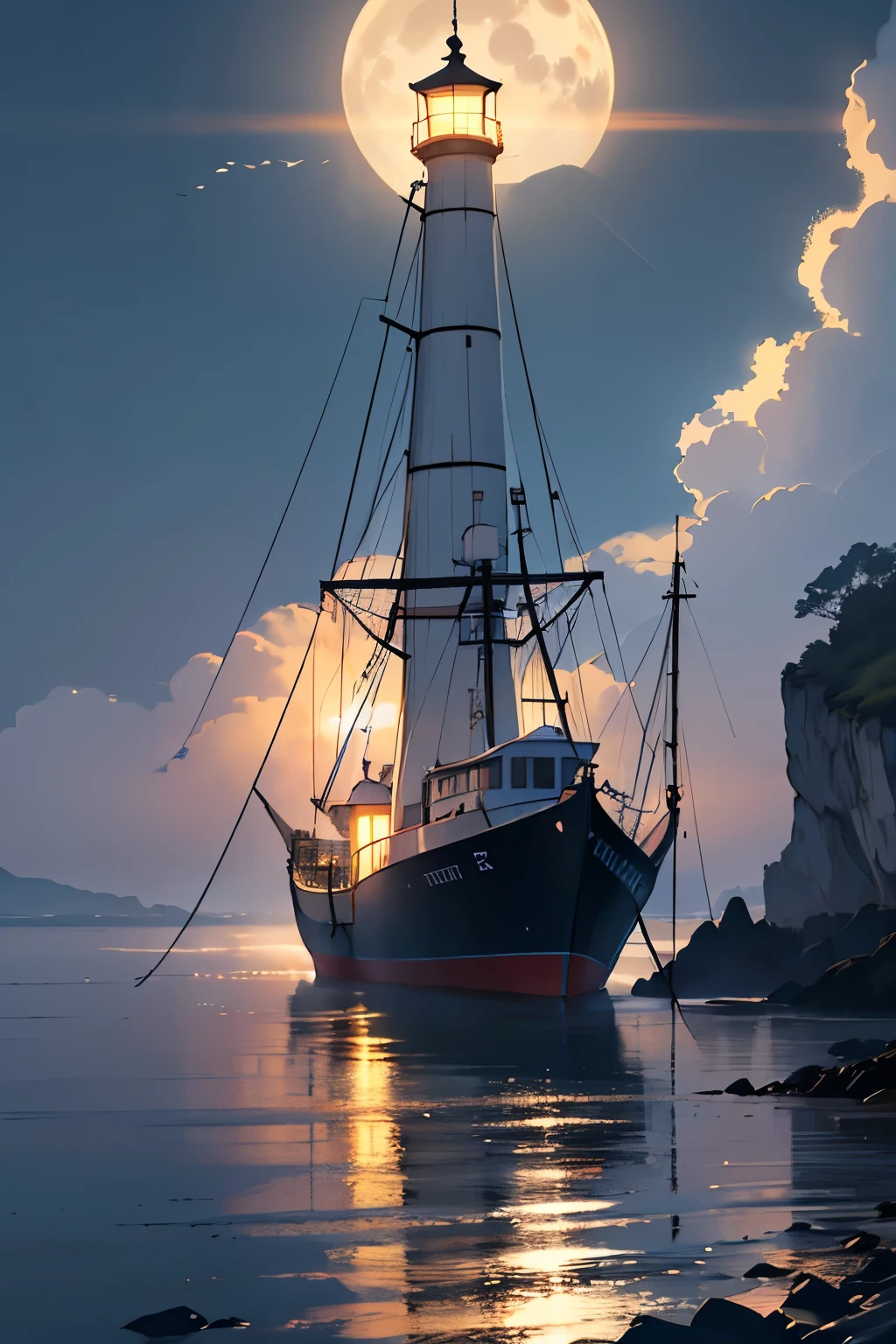 fishing boat heading towards a lighthouse on a moonlit and misty night