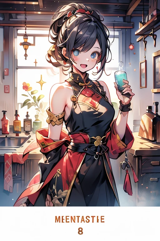(fantasy:1.5),(anime,8k,masterpiece, top quality, best quality,beautiful and aesthetic:1.2,professional illustrasion:1.1,ultra detail:1.3,perfect lighting),extremely detailed,highest detailed,incredibly absurdres , highres, ultra detailed,intricate:1.6,(Alchemy Workshop:1.4),A girl mixing,Medicine in many small bottles,holding small potion,colorful:1.4,zentangle,(1girl),(girl),(Three kingdoms female warload),(highly detailed beautiful face and eyes,firm breasts),oily skin,((black,hair,short bob with short pony tail hair)),thin pubic hair,cute,lovely,34 years old,alchemist costume,Merchant's Clothing,smile,in the kitchen,smile,seductive weak smiling,(with sparkling eyes and a contagious smile),open mouth, Looking at Viewer,
