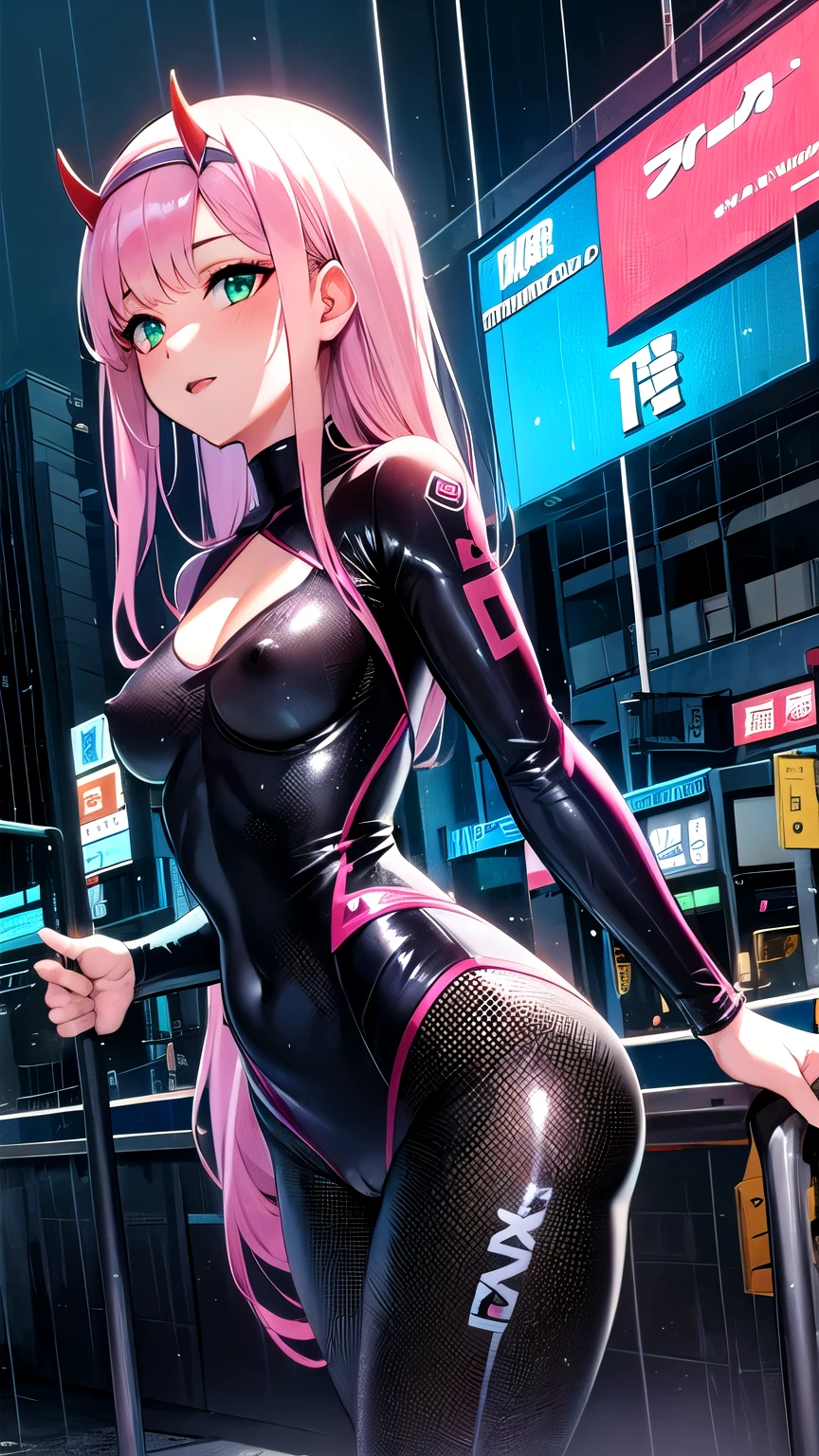 Masterpiece, top quality, best quality, official art, beautiful and aesthetic, anime, 1girl, Zero Two, extremely detailed, colorful, more detailed ((ultra-detailed)), (highly detailed CG illustration),horny,detailed face,pink hair, big green eyes,red body suit, nipples, in middle,skinny fit, small breasts,cleavege,neckline,street,night,cyberpunk,rain,wet,camel toe.