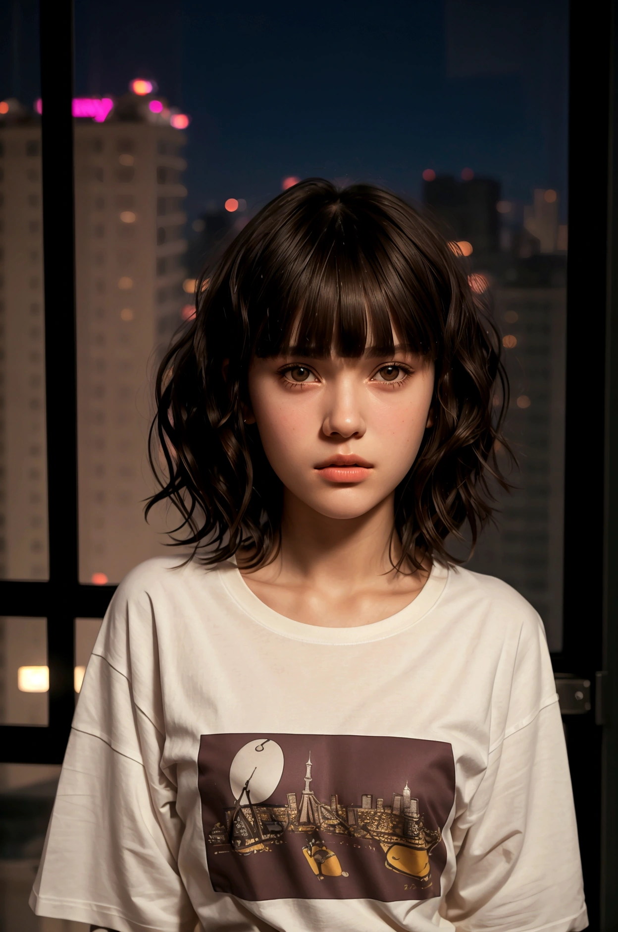 cinematic realistic portrait, front face, of a young girl, adolescent, (french), fly away, long t-shirt, minimal style, Beautiful woman, ((short wavy hair with bangs)), (honey eyes), Pursed lips, night in an apartment, window to the city, neon lights