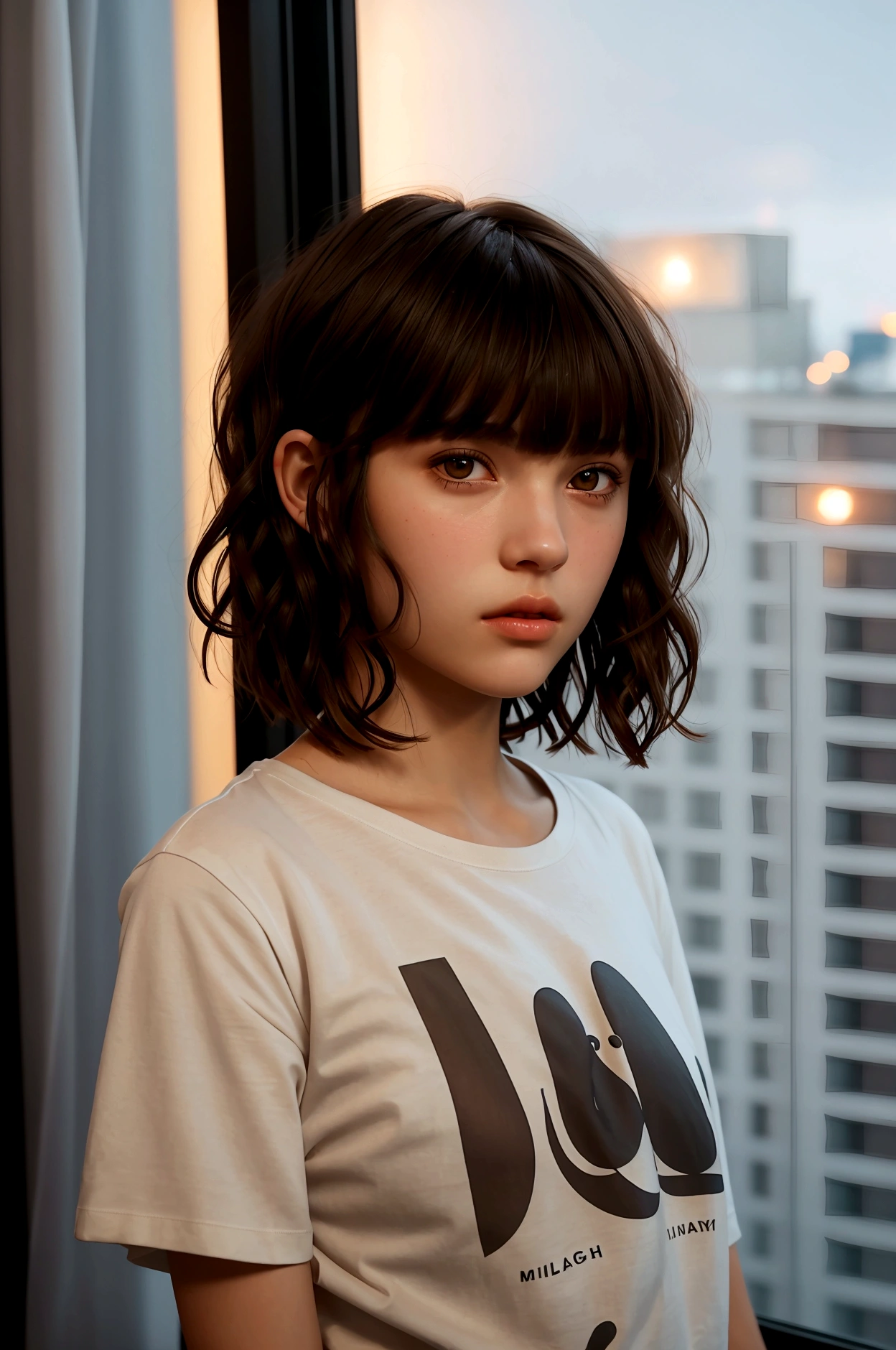 cinematic realistic portrait, front face, of a young girl, adolescent, (french), fly away, long t-shirt, minimal style, Beautiful woman, ((short wavy hair with bangs)), (honey eyes), Pursed lips, night in an apartment, window to the city, neon lights