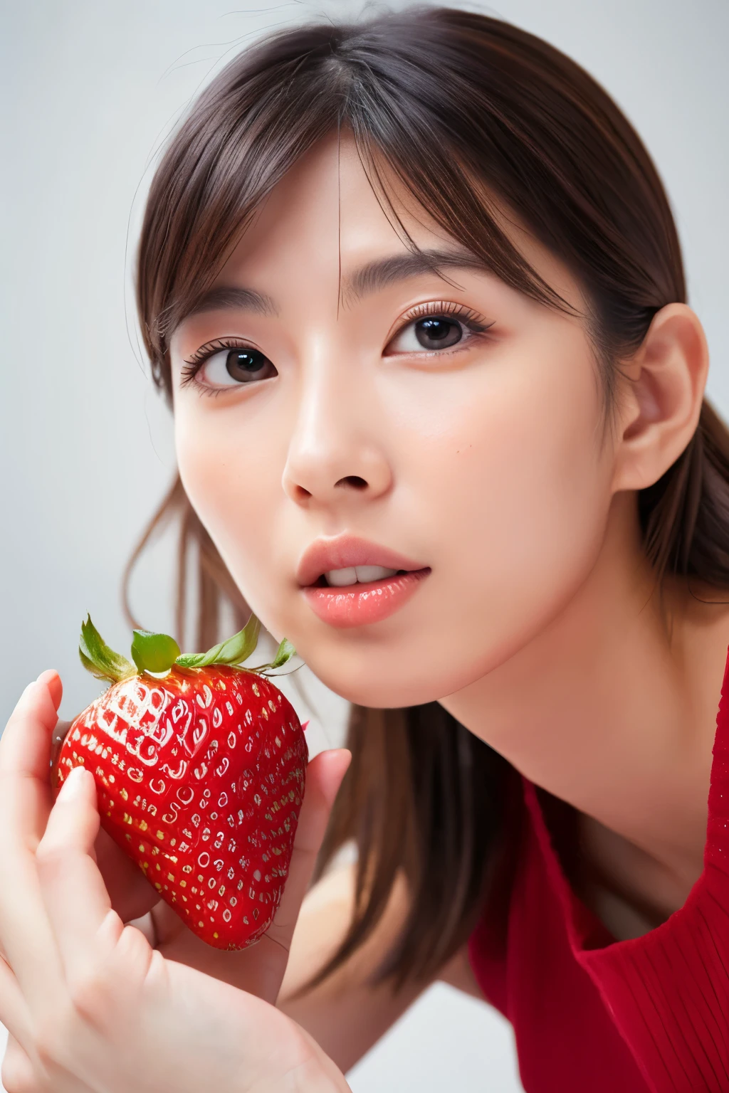 Masterpiece, high quality, high resolution, 8K, HD, creative photo, ((Correct human body structure)), (detailed face, detailed eyes), A Japanese woman, holding a strawberry