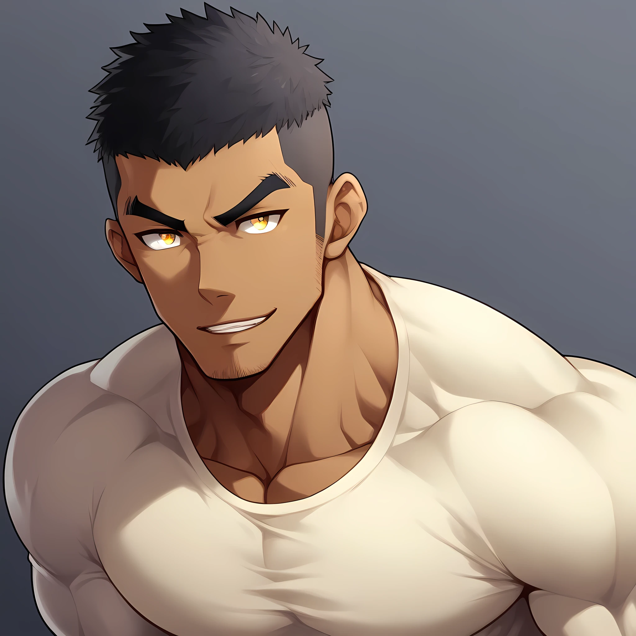 anime characters:Gyee, Muscle Sports Student, negro black skin, 1 dark skin muscular tough guy, Manliness, male focus, Light yellow high collar long sleeve tight T-shirt, Slightly transparent material, Very tight, Round, full and perky chest muscles, Slightly transparent, muscular male, muscular, only, Upper body, alone, Black short hair, Thick eyebrows, stubble, Yellow eyes, Grey background, simple background, amazing quality, best aesthetics, Ridiculous, bright pupils, crew cut, parted lips, seductive smile, torogao, naughty face, drop shadow, best quality