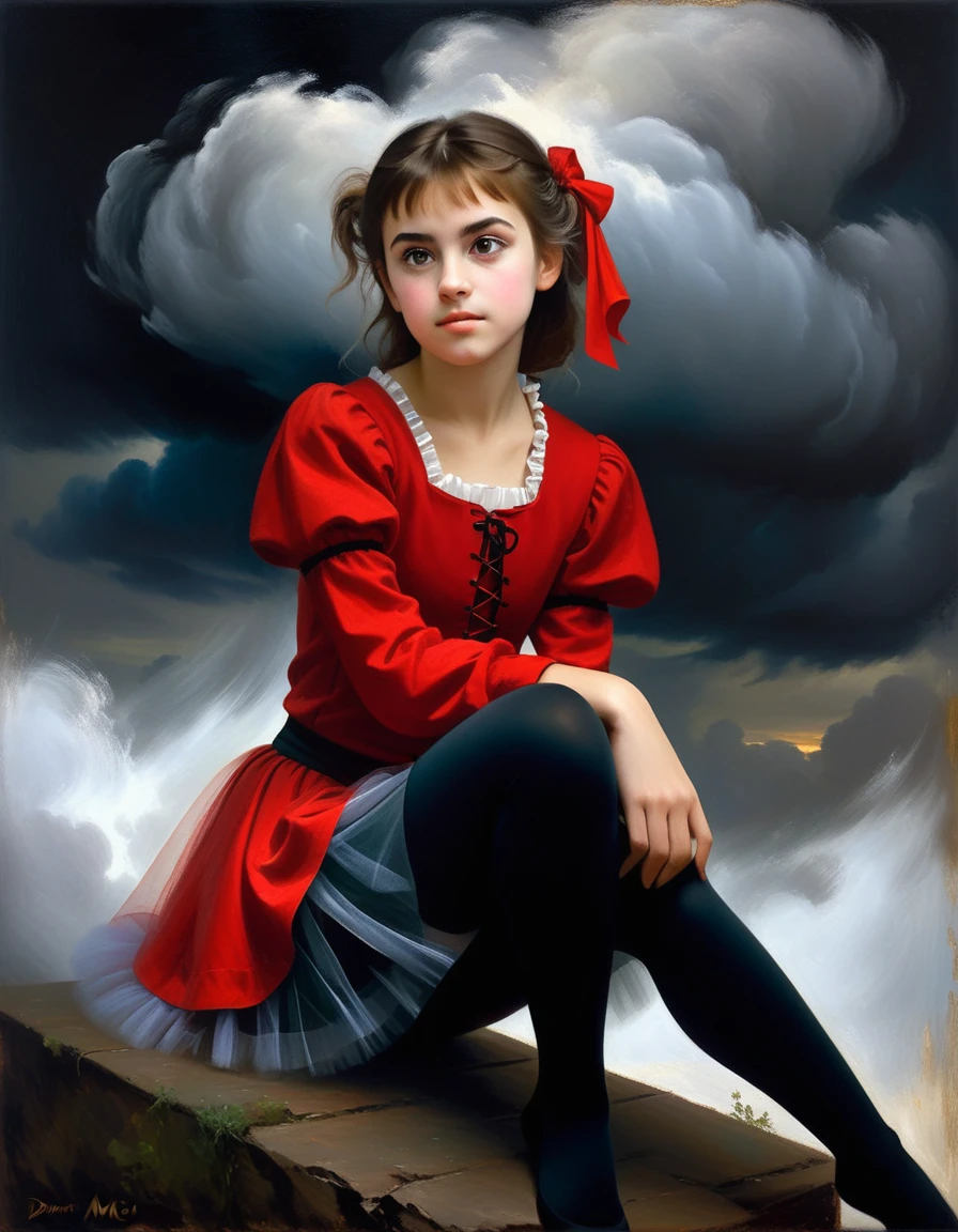 charming young cute girl looks enthusiastically (sitting half-sideways on a tron of power), in a red shirt and tights with a tulle frill, Averts his eyes, dark clouds, 15 century,(Bruno Di Maio style)), The dark Renaissance, (fog, very scuffing), ((palette/oil painting palette knife)), ((masterpiece)), single shot, impression:1.2, extreme detail, perspective:1.33, 8k