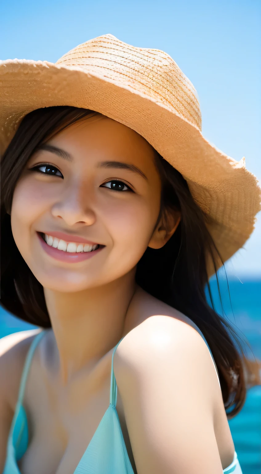 masterpiece,best quality,(Japanese ),((Beautiful girl)),cleavage,(perfect body beauty:1.2),(shy smile),beautiful teeth,(straw hat),(seaside),