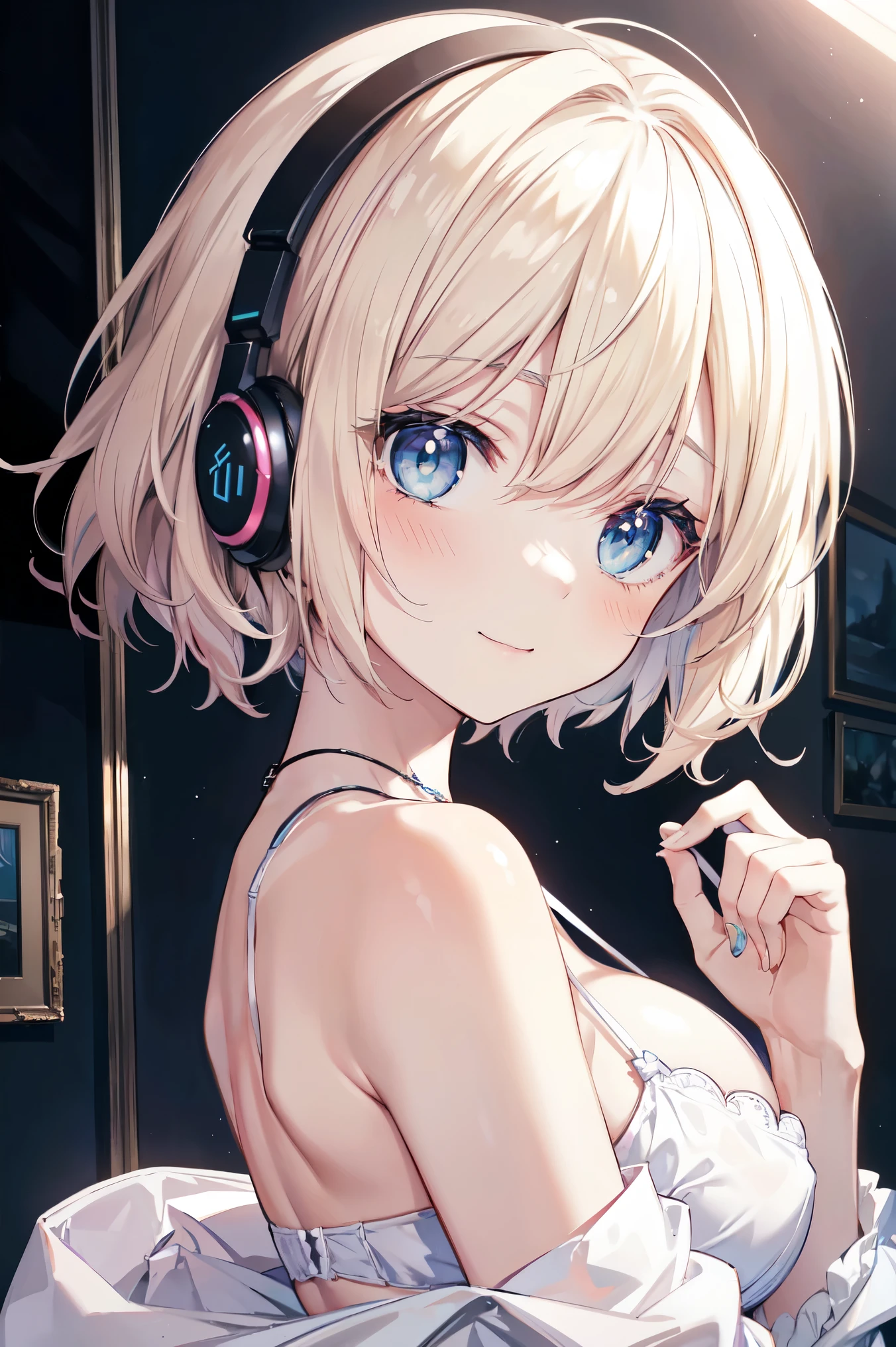 Absurd, (solo:1.5,)Ultra-detailed,Bright colors, Very beautiful and detailed anime faces and eyes, View from the front, ;D, Shiny_skin,Age 25, short hair, , Asymmetrical bangs, Blonde hair in short pigtails, Shiny髪, Delicate beautiful face, blush、(Deep blue eyes:1.4)、Smile、Small Necklace、hair with delicate and complex lines, Fleeting Colors, 2020 Kantoku-style painting, Tessellation, Large Breasts, Cleavage, (View your viewers), (look back), Headphones, Wireless Headphones, Wide Shot, From behind, lingerie, White bra, White panties, indoor