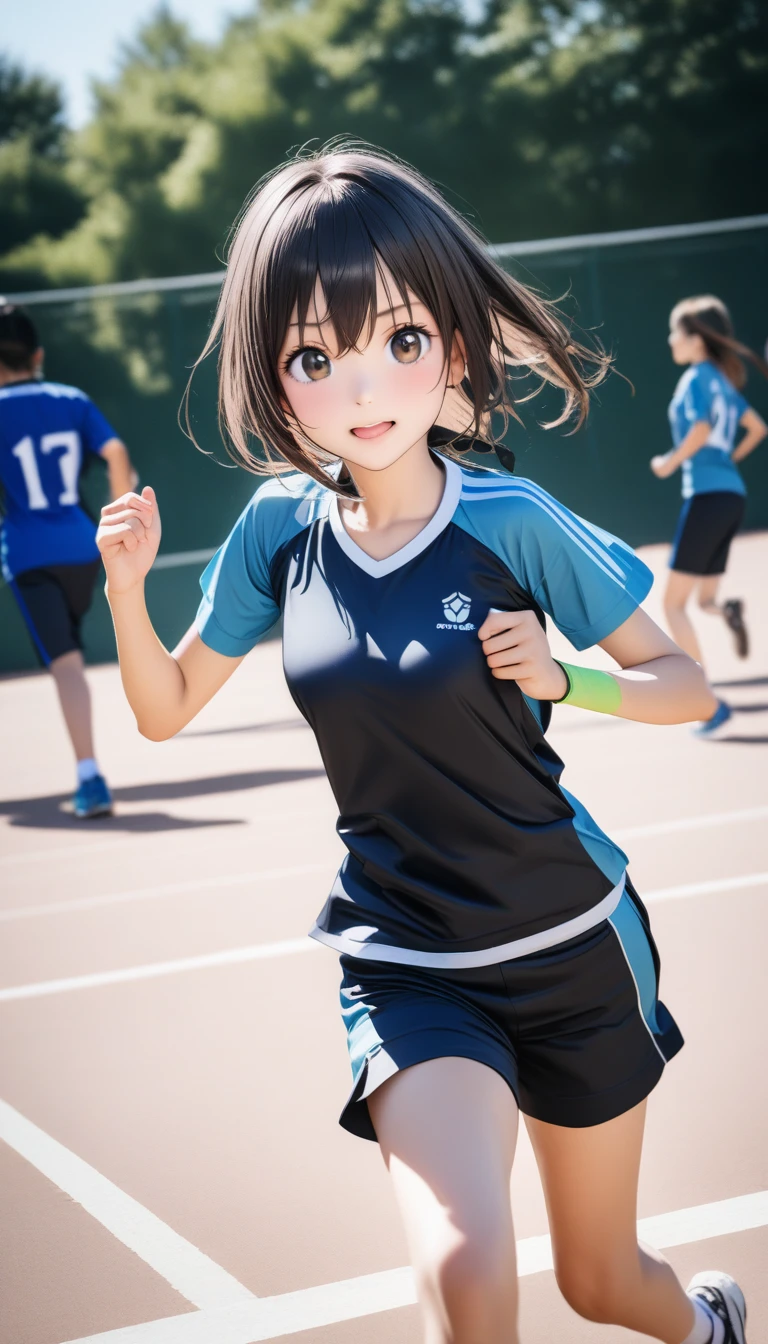 (Highest quality, 8K, 32k, masterpiece:0.5, Ultra-high resolution:1.0,Photo Real:1.0 ),Small breasts,Black Hair, 11,Cute idol,
Running Athletics,playground,Bloomers, Sports uniforms,