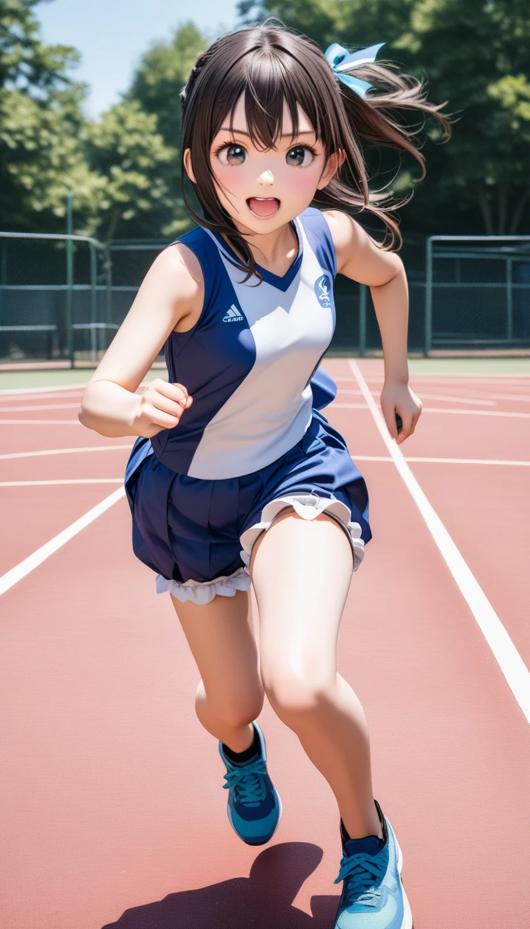 (Highest quality, 8K, 32k, masterpiece:0.5, Ultra-high resolution:1.0,Photo Real:1.0 ),Small breasts,Black Hair, 11,Cute idol,
Running Athletics,playground,Bloomers, Sports uniforms,