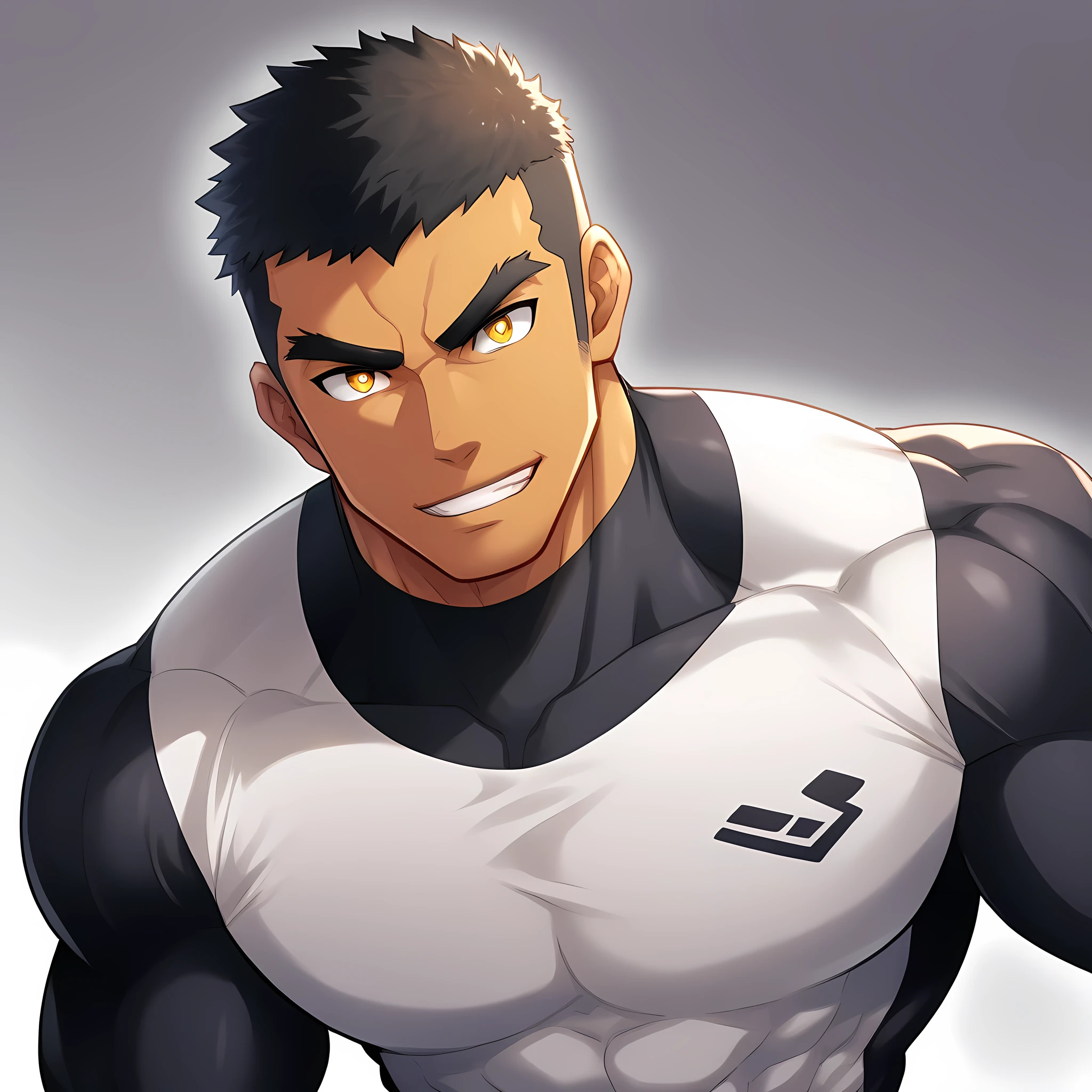 anime characters：Gyee, Muscle Sports Student, negro black skin, 1 dark skin muscular tough guy, Manliness, male focus, Yellow and black striped high collar long sleeve tight T-shirt, Slightly transparent material, Very tight, Round, full and perky chest muscles, Slightly transparent, muscular male, muscular, only, Upper body, alone, Black short hair, Thick eyebrows, stubble, Yellow eyes, Grey background, simple background, amazing quality, best aesthetics, Ridiculous, bright pupils, crew cut, parted lips, seductive smile, torogao, naughty face, drop shadow, best quality