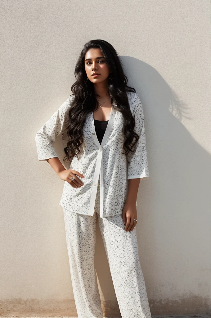 instagram photo, 21yo Australian woman, long curly hair, black hair, in White printed Indian Suit, best wall background, font pose, , pale, hard shadows, Indian Version realistic