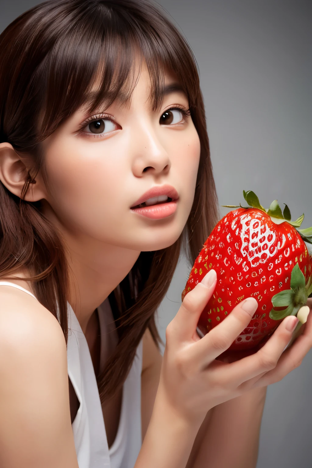 Masterpiece, high quality, high resolution, 8K, HD, creative photo, ((Correct human body structure)), (detailed face, detailed eyes), A Japanese woman, holding a strawberry
