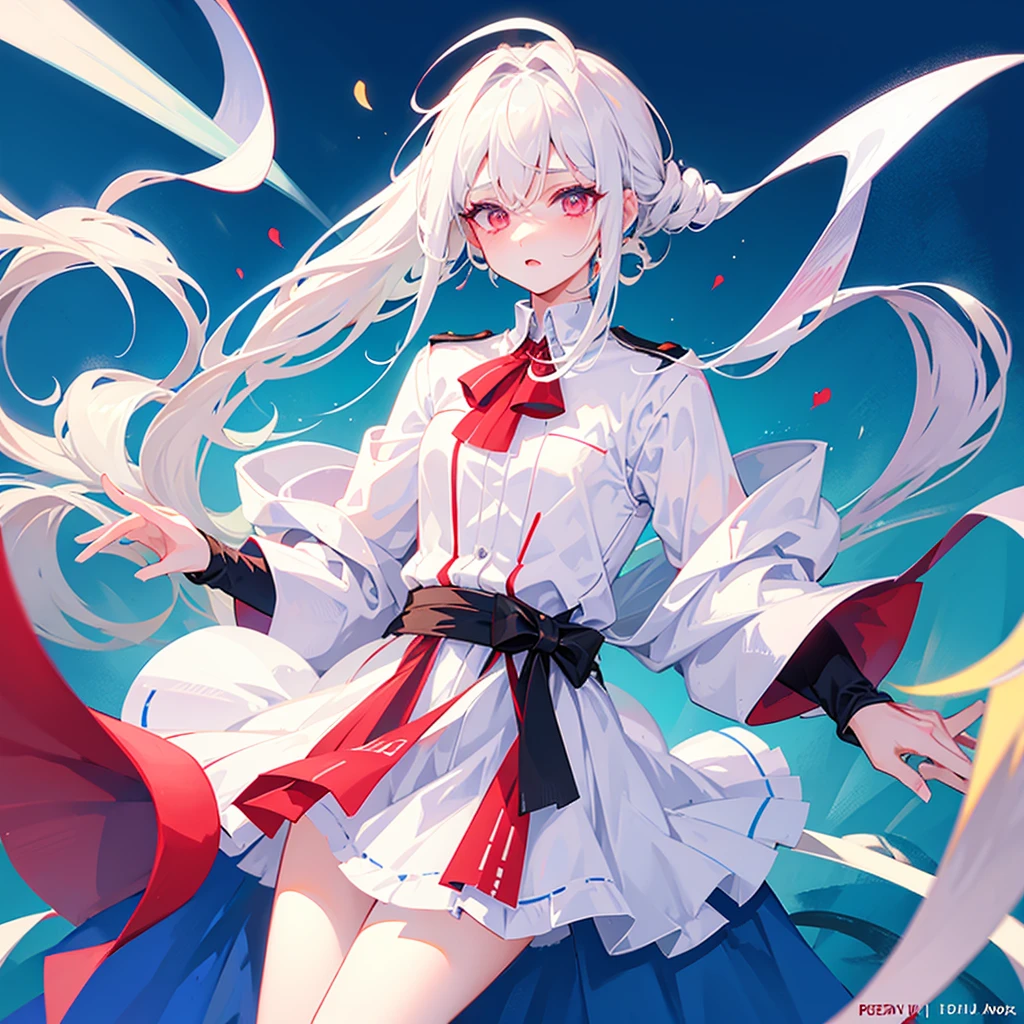4K, Highest quality, Female student, White Hair, Medium length hair, Red colored eyes, Sky blue shirt, White Dress,Anime Big Tits,Don't show your hands