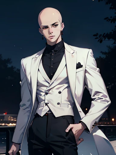 high resolution,Baldhead,male,Red eyes,earrings,show chest muscles,Showing chest,White suit,Black pants,Black boots,night