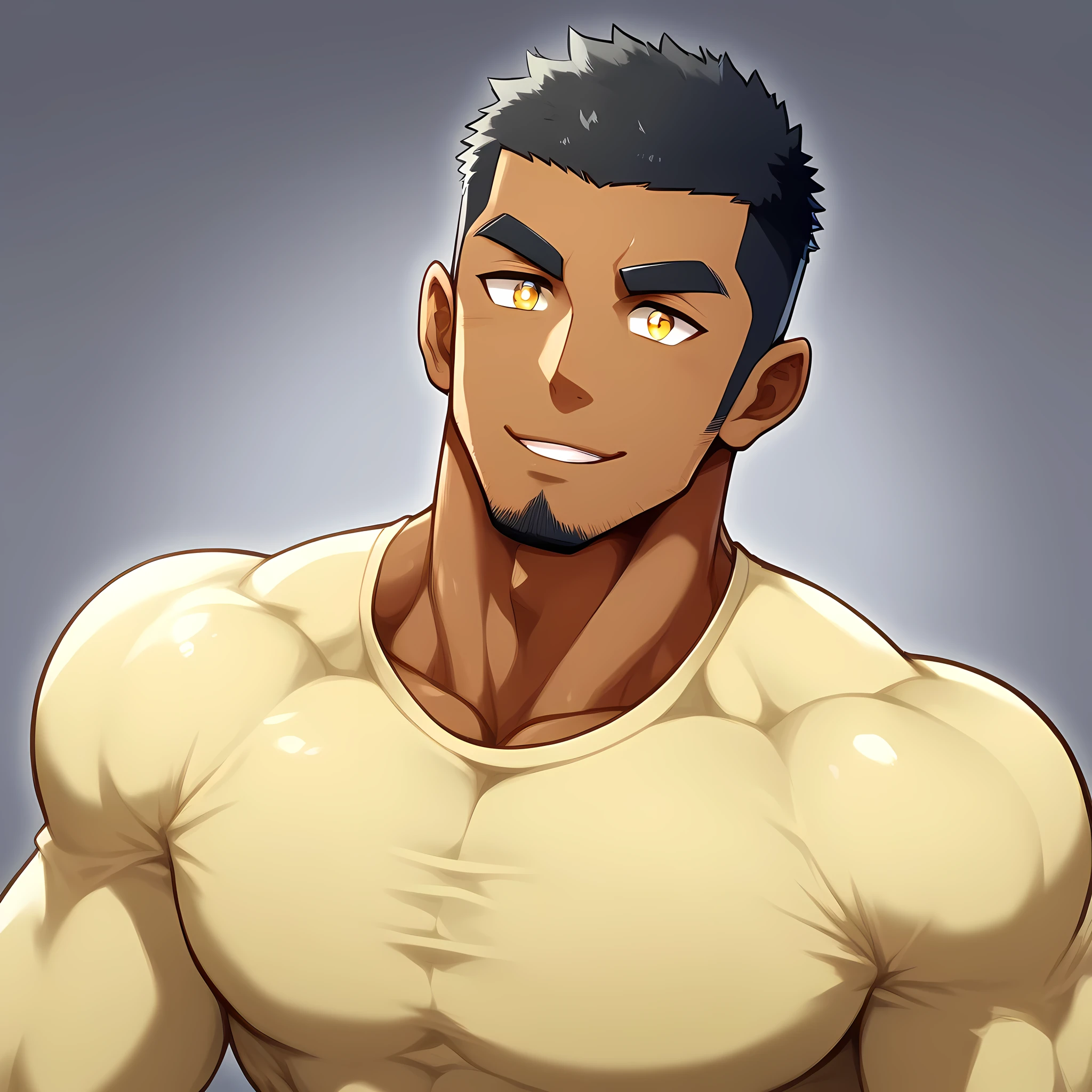 anime characters:Gyee, Muscle Sports Student, negro black skin, 1 dark skin muscular tough guy, Manliness, male focus, Light yellow high collar long sleeve tight T-shirt, Slightly transparent material, Very tight, Round, full and perky chest muscles, Slightly transparent, muscular male, muscular, only, Upper body, alone, Black short hair, Thick eyebrows, stubble, Yellow eyes, Grey background, simple background, amazing quality, best aesthetics, Ridiculous, bright pupils, crew cut, parted lips, seductive smile, torogao, naughty face, drop shadow, best quality