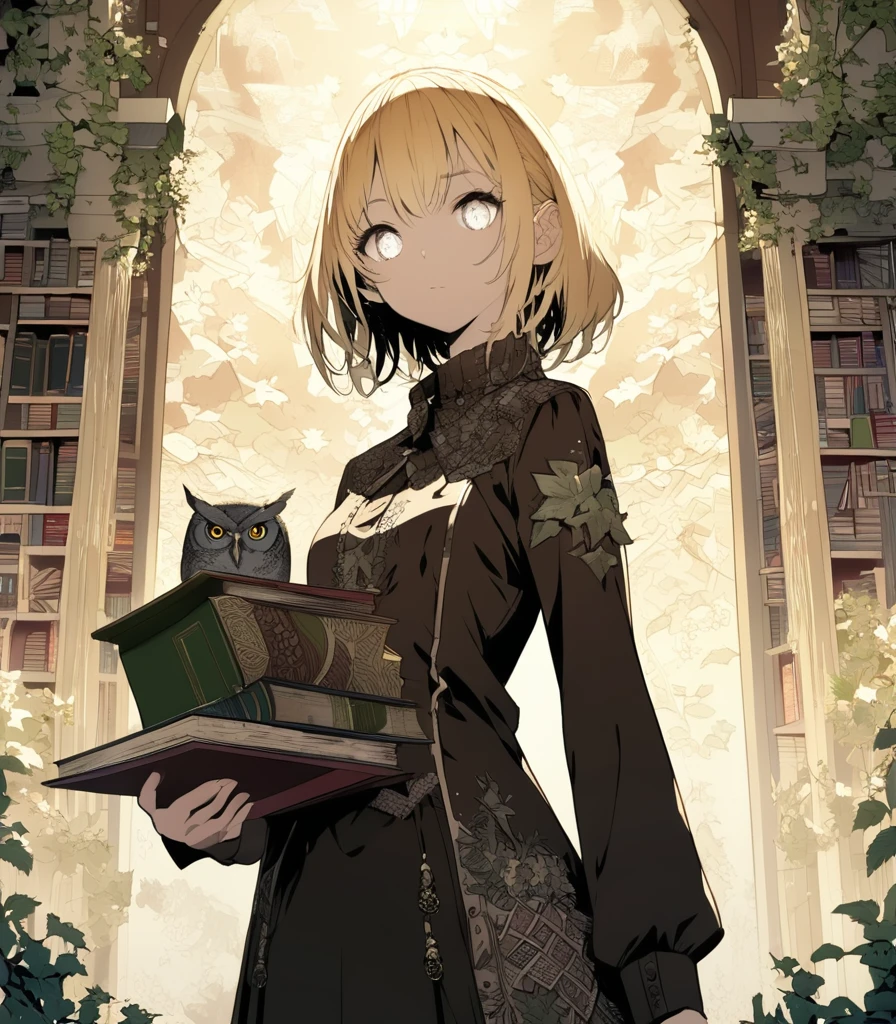 extremely detailed 8K CG, ultra-detailed:1.3, ultra delicate and detailed face:1.3, (absurdres, texture, masterpiece), pop art, pixiv contest winner, by Posuka Demizu, by Shinro Otake, dynamic manga-style illustration of slender girl with yellow hair and white eyes, dressed in dark, stands next to and anthropomorphic mechanical cyborg owl, both looking at the viewer. The background is adorned with intricate patterned of books and ivy., with a brown color scheme, taken from a low angle shot, with high resolution and high detail,