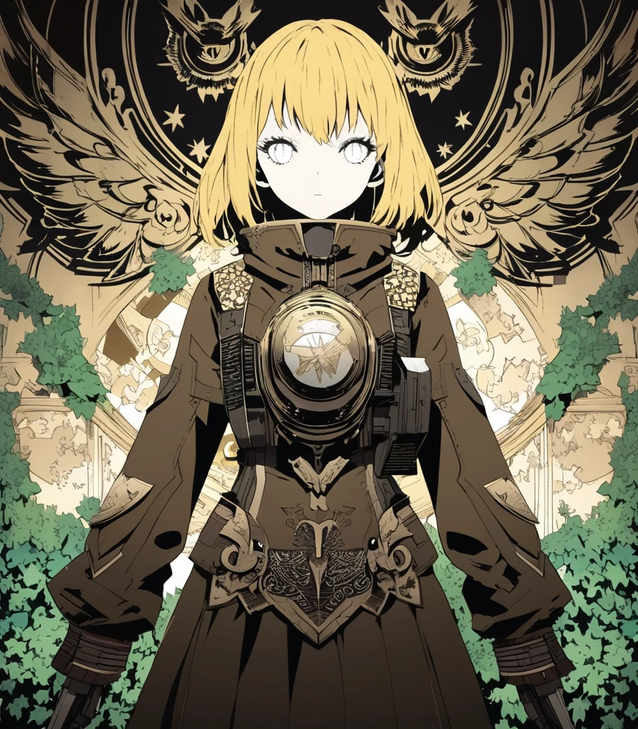 extremely detailed 8K CG, ultra-detailed:1.3, ultra delicate and detailed face:1.3, (absurdres, texture, masterpiece), pop art, pixiv contest winner, by Posuka Demizu, by Shinro Otake, dynamic manga-style illustration of slender girl with yellow hair and white eyes, dressed in dark, stands next to and anthropomorphic mechanical cyborg owl, both looking at the viewer. The background is adorned with intricate patterned of books and ivy., with a brown color scheme, taken from a low angle shot, with high resolution and high detail,