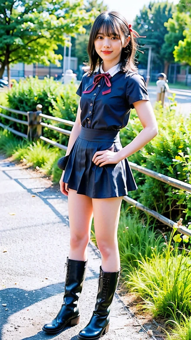 (8k、RAW Photos、highest quality、masterpiece:1.2)、(Realistic、Realistic)、1 girl、((Black Mini Skirt、Medium Hair、boots、ribbon、smile、garden、View from the front、smile、Standing with hands on hips))、
