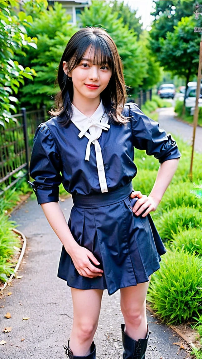 (8k、RAW Photos、highest quality、masterpiece:1.2)、(Realistic、Realistic)、1 girl、((Black Mini Skirt、Medium Hair、boots、ribbon、smile、garden、View from the front、smile、Standing with hands on hips))、