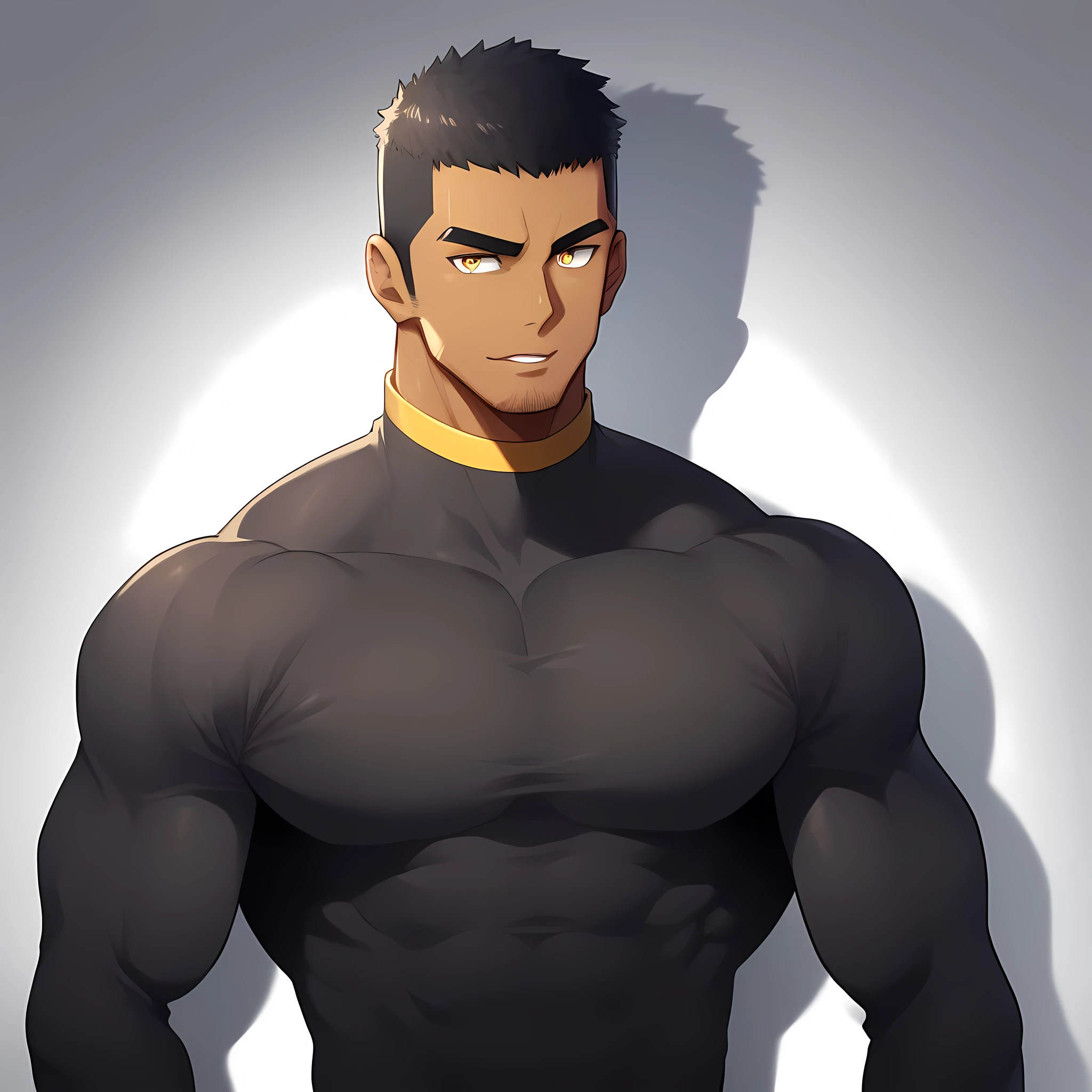 anime characters：Gyee, Muscle Sports Student, negro black skin, 1 dark skin muscular tough guy, Manliness, male focus, Light yellow high collar long sleeve tight T-shirt, Slightly transparent material, Very tight, Round, full and perky chest muscles, Slightly transparent, muscular male, muscular, only, Upper body, alone, Black short hair, Thick eyebrows, stubble, Yellow eyes, Grey background, simple background, amazing quality, best aesthetics, Ridiculous, bright pupils, crew cut, parted lips, seductive smile, torogao, naughty face, drop shadow, best quality