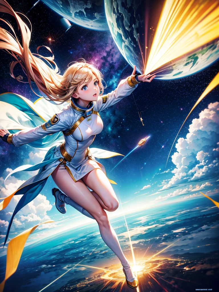 Highest quality,Highest Resolution,A beautiful android girl flying in space,Earth in the background,