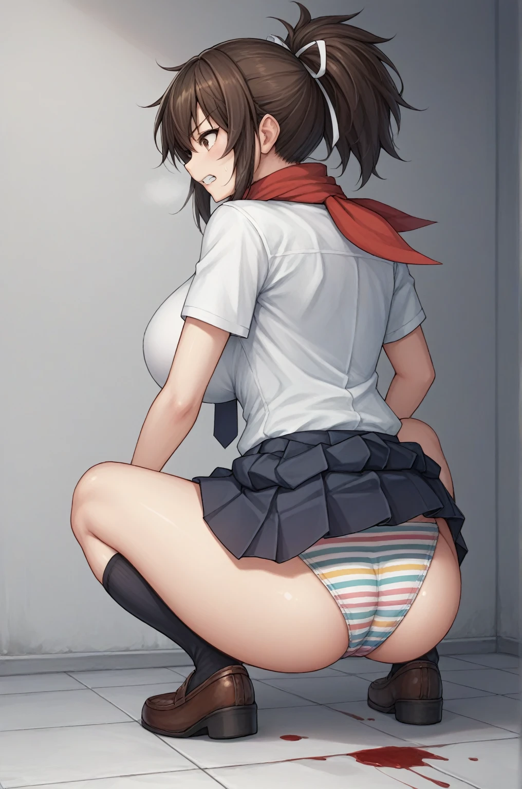 anime artwork score_9, score_8_superior, score_7_superior, score_6_superior, score_5_superior, score_4_superior, sauce_anime, break, Thick outline, Thick outline,
Asuka_Xl, Brown eyes, Brown Hair, ponytail, White ribbon, Red scarf, Large Breasts, break, Asuka_School_Clothes, skirt, White shirt, pleated skirt, tie, Short sleeve, break, squat, From behind, striped panties, teeth,